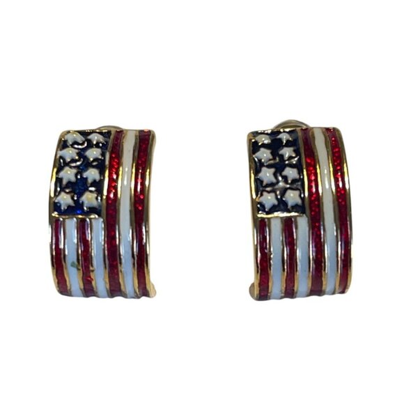 American Flag Gold-Tone Crescent Hoop Earrings With Stud Backings - Picture 7 of 8